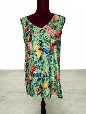 #A49 Sleeveless Green Fruit-Print V-Neck Top
